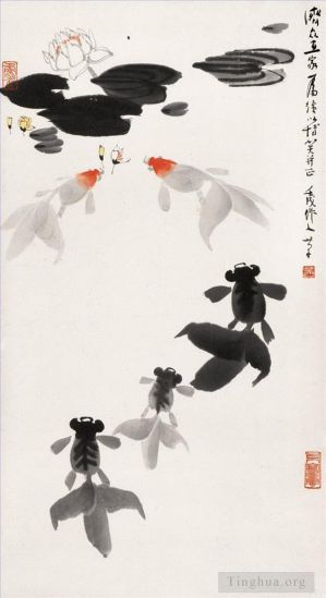 zeitgenössische kunst von Wu Zuoren - Goldfisch und Seerose