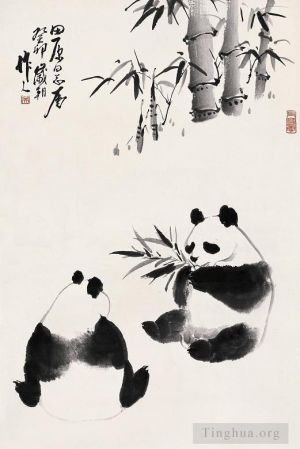 zeitgenössische kunst von Wu Zuoren - Panda frisst Bambus