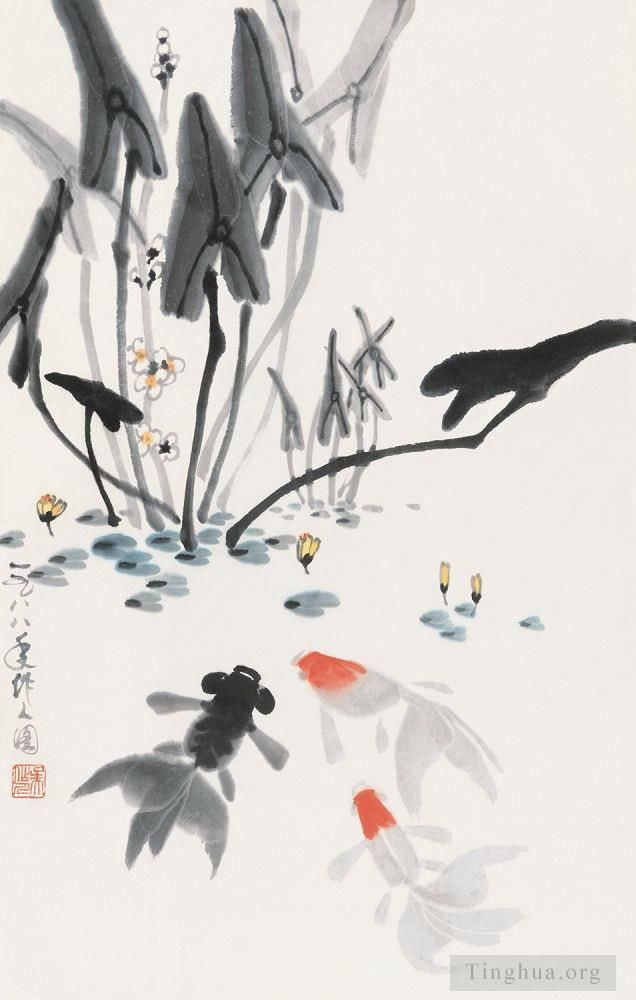 Wu Zuoren Chinesische Kunst - Fisch spielen 1988