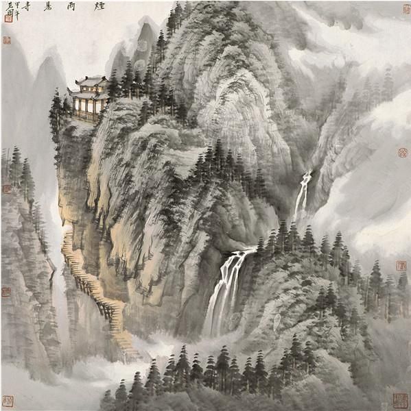 Zeng Xianguo Chinesische Kunst - Ein Tempel im Regen