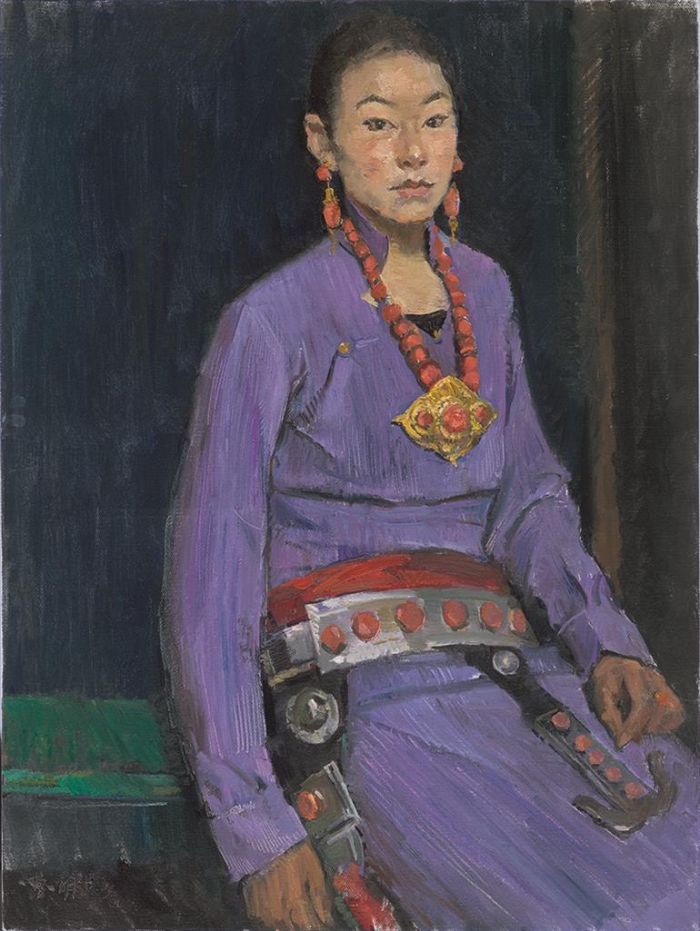 Cao Ming Ölgemälde - Tibetisches Mädchen, das Schmuck trägt