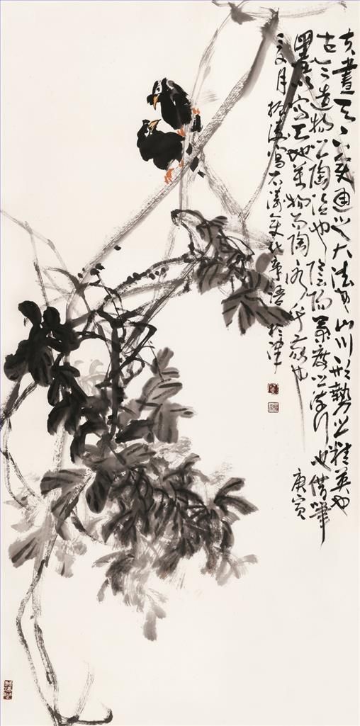 Dong Zhentao Chinesische Kunst - Gemälde von Blumen und Vögeln im traditionellen chinesischen Stil