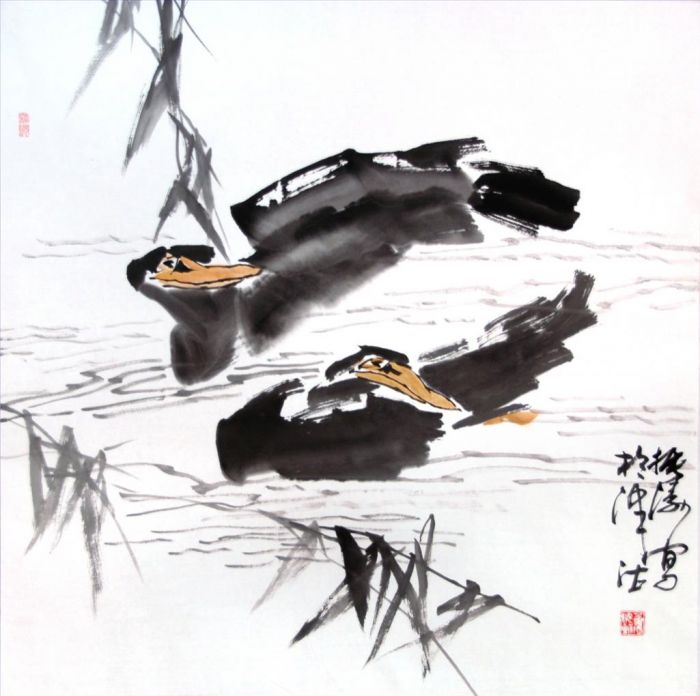 Dong Zhentao Chinesische Kunst - Zwei Enten im Fluss