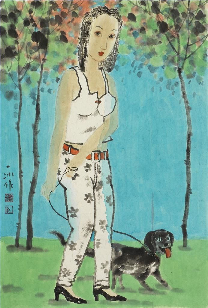 Fan Yibing Chinesische Kunst - Gehen Sie mit dem Hund spazieren