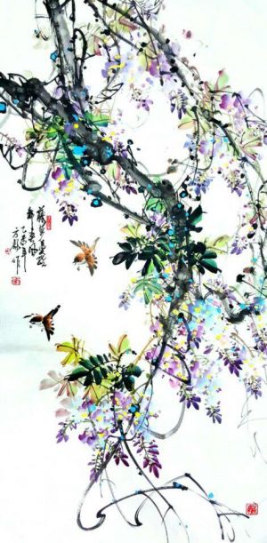 Zeitgenössische chinesische Kunst - Gemälde von Blumen und Vögeln im traditionellen chinesischen Stil