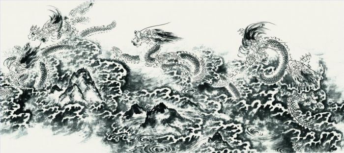 Guan Yaojiu Chinesische Kunst - Hundert Drachen spielen im Meer