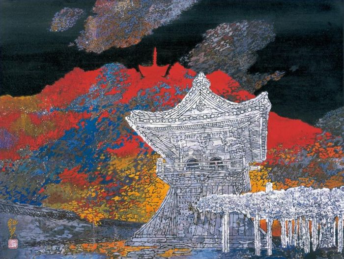 Guo Jiying Chinesische Kunst - Rote Herbstblätter im Fotong-Tempel