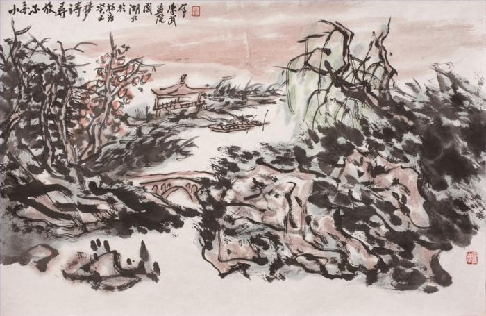 Hu Xuewu Chinesische Kunst - Suchen Sie den Traum der Poesie in einem Boot