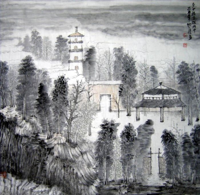 Hu Yilong Chinesische Kunst - Antike Gebäude in der Geschichte