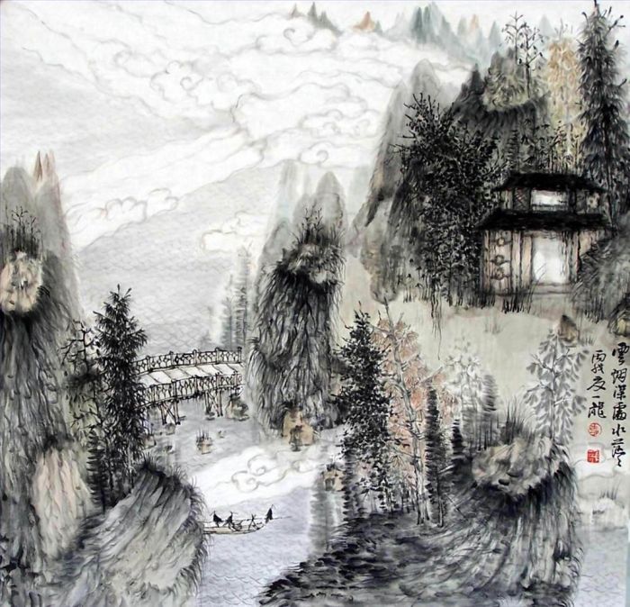 Hu Yilong Chinesische Kunst - Nebeliger Fluss