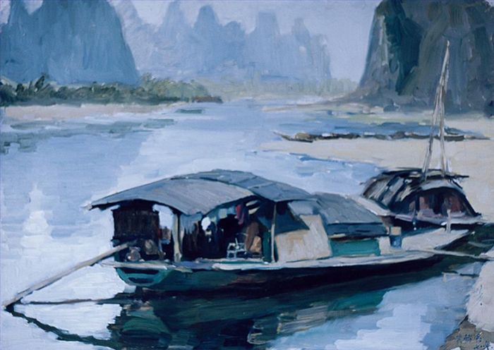 Huang Shaoqiang Ölgemälde - Eine Fischerfamilie in Lijiang