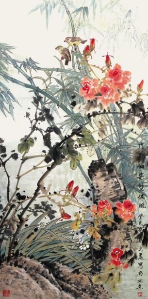 Huang Wenli Chinesische Kunst - Gemälde von Blumen und Vögeln im traditionellen chinesischen Stil