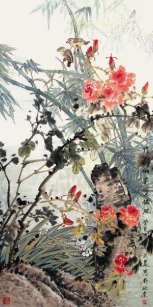 zeitgenössische kunst von Huang Wenli - Gemälde von Blumen und Vögeln im traditionellen chinesischen Stil