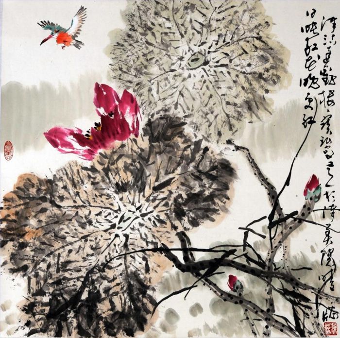 Jia Baomin Chinesische Kunst - Gemälde von Blumen und Vögeln im traditionellen chinesischen Stil