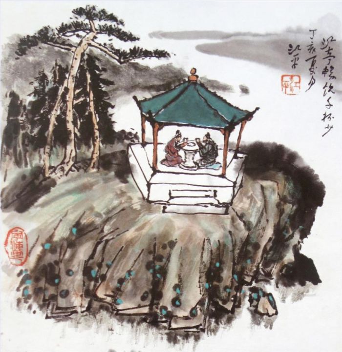 Jiang Ping Chinesische Kunst - Trinken Sie im Pavillon am Fluss