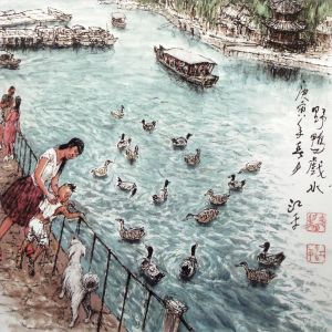 Zeitgenössische chinesische Kunst - Wildente spielt im Fluss