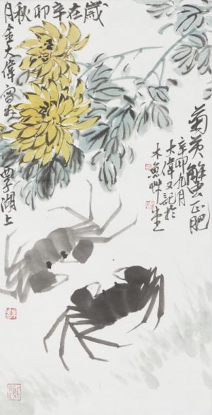 zeitgenössische kunst von Jin Dawei - Chrysanthemen und Krabben