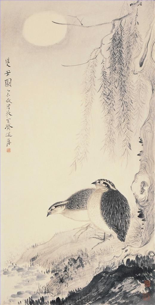 Ju Jianwei Chinesische Kunst - Zwei Vögel im Mondlicht