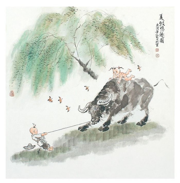 Kong Qingchi Chinesische Kunst - Spaß beim Kuhhüten im Sommer
