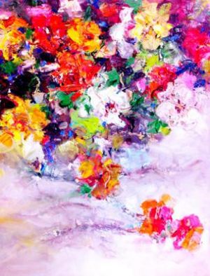 Zeitgenössische Ölmalerei - Bunte Blumen auf dem Schneefeld