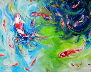 Zeitgenössische Ölmalerei - Die Fischfamilie 2