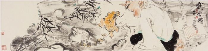 Li Jiang Chinesische Kunst - Ein Kind, das mit einer goldenen Kröte spielt