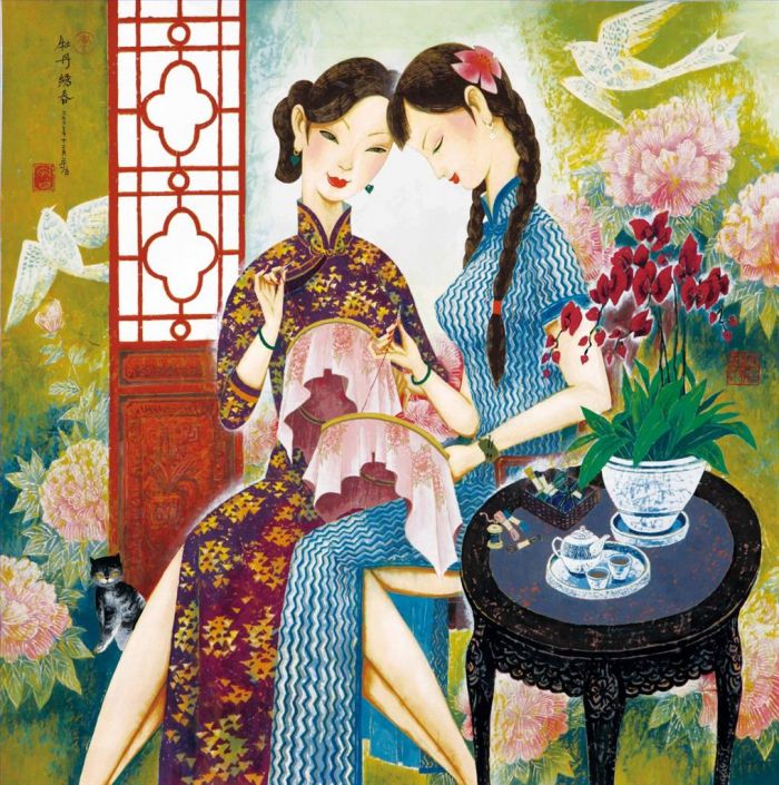 Li Shoubai Chinesische Kunst - Pfingstrosen-Stickerei und Frühling