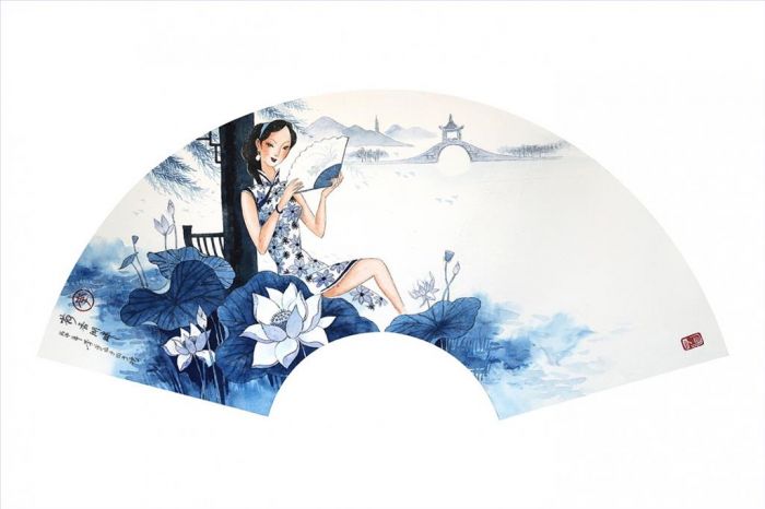 Li Shoubai Chinesische Kunst - Der Duft von Lotus breitet sich über dem Seeufer aus