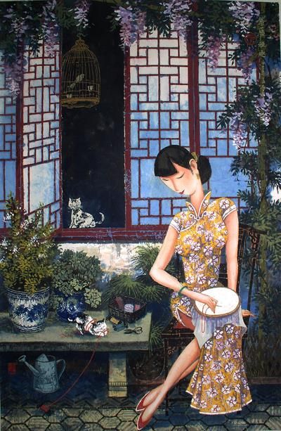 Li Shoubai Chinesische Kunst - Unter Chinesischer Glyzinie