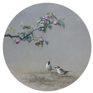 zeitgenössische kunst von Liu Shijiang - Rote Aprikose und Spatz