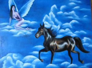 Zeitgenössische Ölmalerei - Fliegendes Pferd, pass auf
