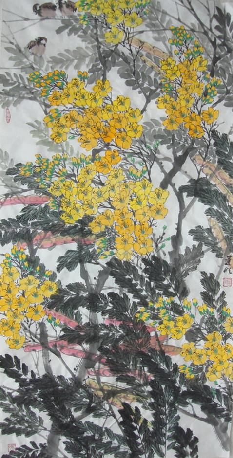Mao Zhuming Chinesische Kunst - Gemälde von Blumen und Vögeln im traditionellen chinesischen Stil