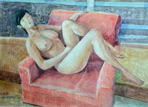 Zeitgenössische Ölmalerei - Rotes Sofa