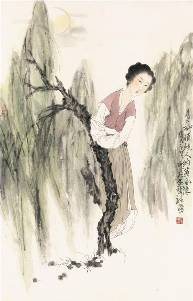Ruan Lirong Chinesische Kunst - Mondlicht über Weidenbaum