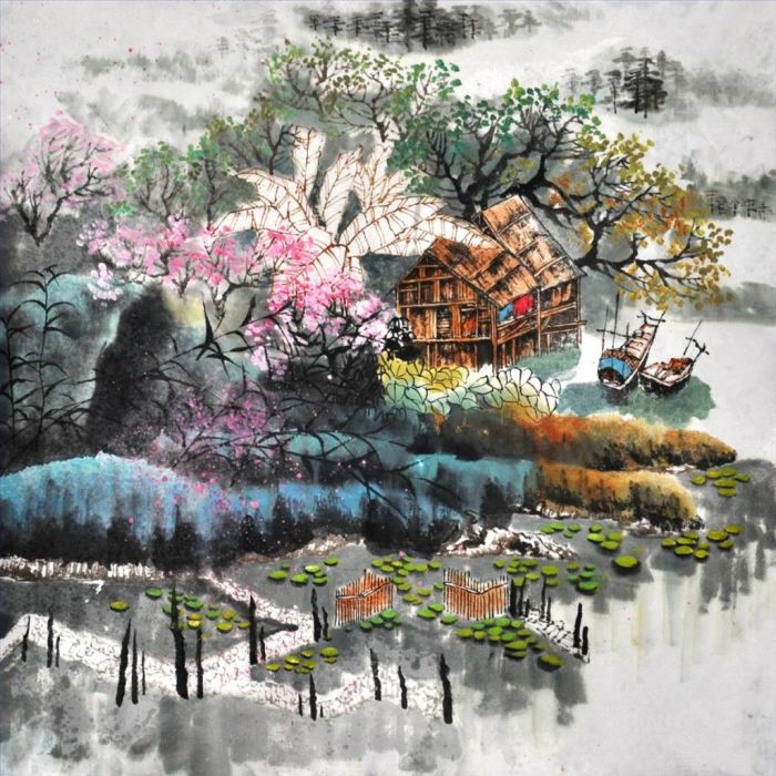 Tang Zhizhen Chinesische Kunst - Frühling in einem Dorf am Wasser