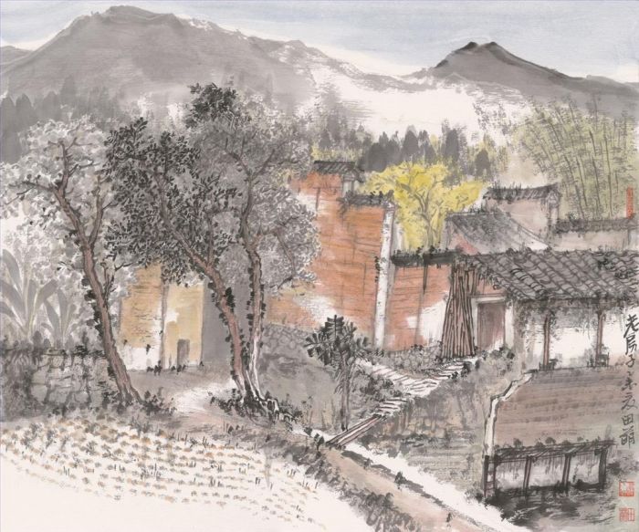 Tian Meng Chinesische Kunst - Ein Bergdorf in Wuyi