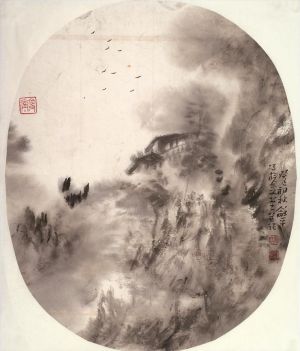zeitgenössische kunst von Tong Heping - Tuschemalerei-Landschaftskreisfächer