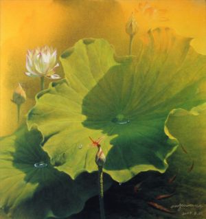 Zeitgenössische Ölmalerei - Lotus und Fisch