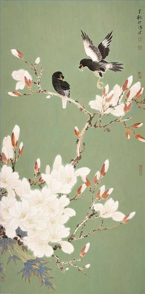 Wang Shaoheng Chinesische Kunst - Blumen und Vögel im Frühling