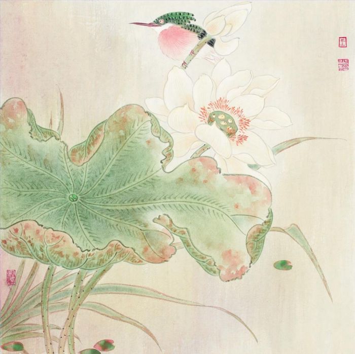 Wang Shaoheng Chinesische Kunst - Gemälde von Blumen und Vögeln im traditionellen chinesischen Stil