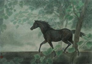 Zeitgenössische chinesische Kunst - Ein dunkles Pferd im Wald