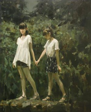 Zeitgenössische Ölmalerei - Mädchen, die durch den Bach gehen