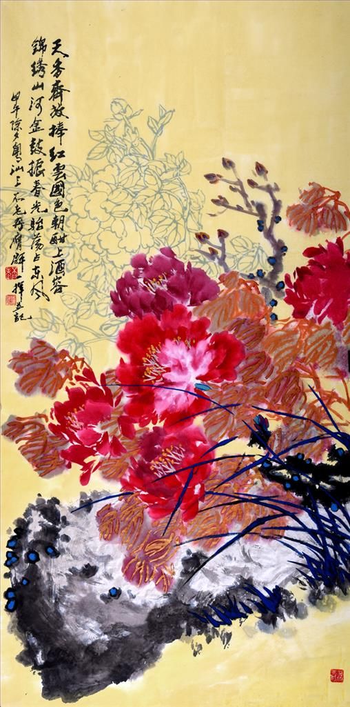 Wu Yingqun Chinesische Kunst - Gemälde von Blumen und Vögeln