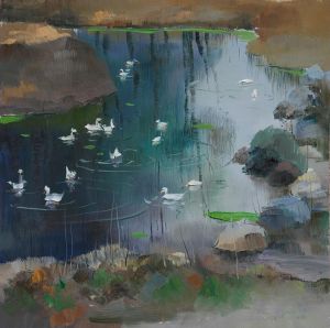 Zeitgenössische Ölmalerei - Wärmender Frühling im See
