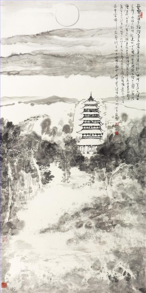 Xu Zisong Chinesische Kunst - Mondlicht über dem Turm