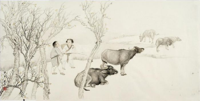 Yang Yunxi Chinesische Kunst - Fünf Ochsen