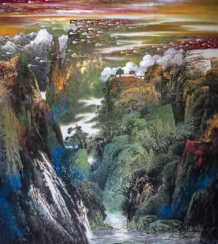 Zhang Beiyun Chinesische Kunst - Rotes Leuchten über dem Berg