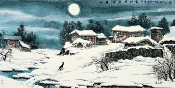 Zhao Chunqiu Andere Malerei - Mondlicht über dem Schneefeld im Bergdorf