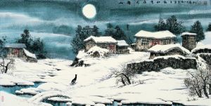 zeitgenössische kunst von Zhao Chunqiu - Mondlicht über dem Schneefeld im Bergdorf