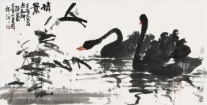 Zeitgenössische chinesische Kunst - Hübsches Bild mit zwei Schwänen
